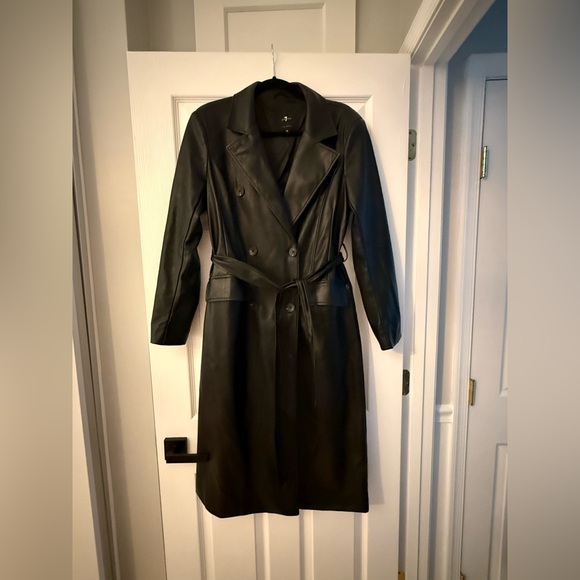 7 for All Mankind Long Black Faux Leather Trench - Picture 2 of 6